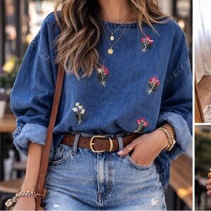 Country Store Plus Size 2X Retro Embroidered Floral Denim Cottagecore Boho Top